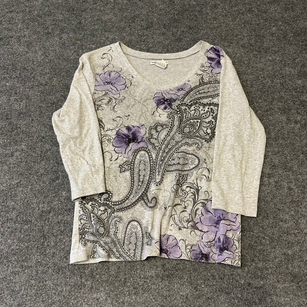 Rebecca Malone Shirt Womens Size M Gray Purple Floral Paisley 3/4 Sleeve Casual